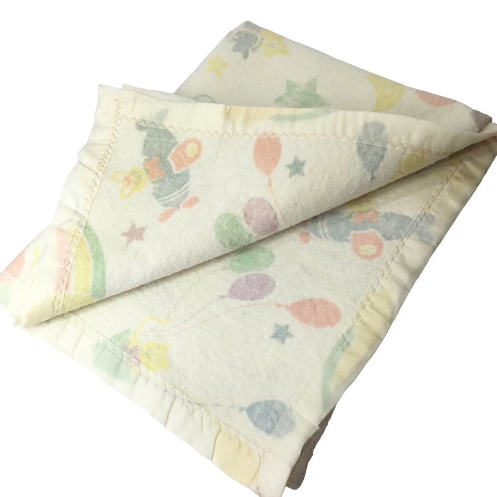 Vintage Beacon Baby Blanket White Satin Trim Receiving Made USA Rainbow WPL 1675
